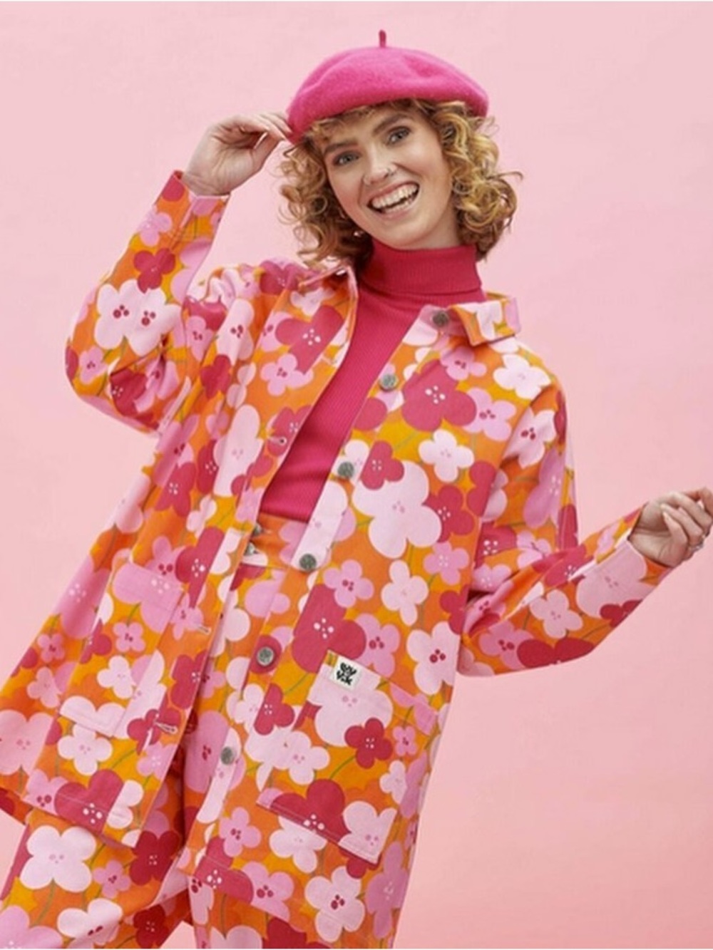 Lucy & Yak Olly Jack in flower power orange pink 100% cotton button up coat XS S